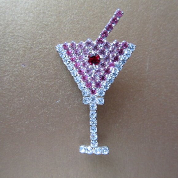 Martini Glass Vintage Pin White Pink Crystal Pin - Picture 2 of 7